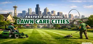 Two men are mowing lawns in front of city skylines and residential homes.
